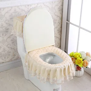 Korean style velvet lace toilet seat cover set, elegant champagne bathroom decor 3-piece.
