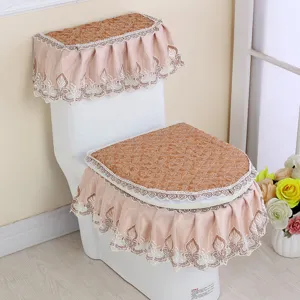 Korean style velvet lace toilet seat cover set, elegant embroidered bathroom decor.