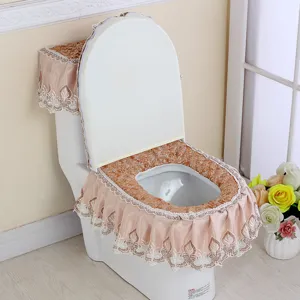 Korean style plush velvet lace toilet seat cover set detail, soft warm bathroom mat decor.