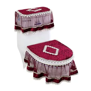 Korean style velvet lace toilet seat cover set, premium dustproof bathroom mat.