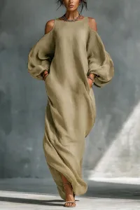 Khaki cold shoulder maxi dress with long sleeves and pockets for stylish daily and evening wear.