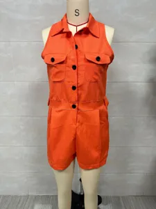 Orange sleeveless lapel button romper detail shot for women summer fashion style