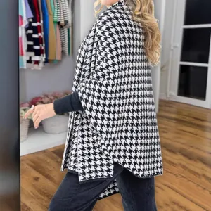 Black and white houndstooth knitted cape poncho shawl for women autumn winter warm