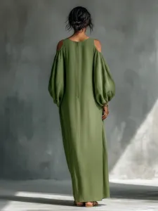 Elegant olive green cold shoulder long sleeve maxi dress for stylish spring summer wear.