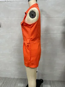 Women summer casual sleeveless button-front orange romper playsuit for daily wear.