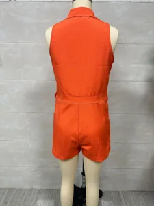 Summer casual sleeveless V-neck front button women romper shorts, comfortable daily wear.