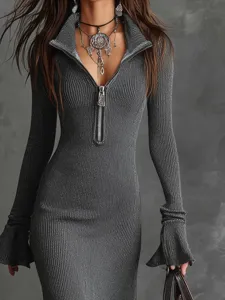Autumn elegant knit midi dress with zip lapel and flare sleeves for women fashion style.