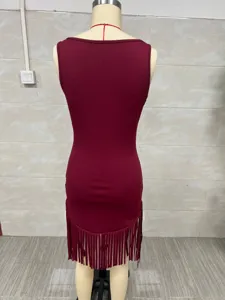 Detailed back view of a wine red Western-style bodycon dress featuring long tassel fringe