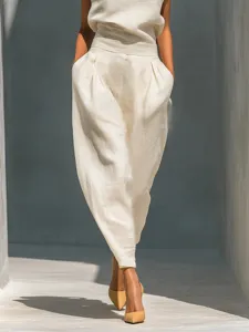 Women beige linen two-piece set sleeveless top high waist pleated barrel trousers chic