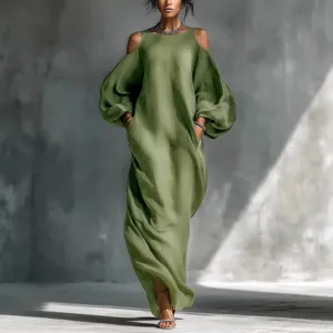 Women's Casual Long Sleeve Cold Shoulder A-Line Maxi Dress Solid Color Loose Mid Waist Pullover Elegant Dress