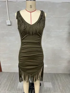 Military green Western style fringe deep V-neck ruched bodycon dress on mannequin