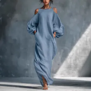 Women's long sleeve cold shoulder maxi dress casual elegant pullover long dress for spring