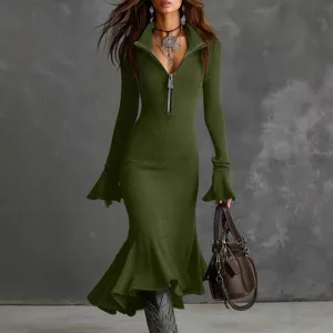 Olive green ribbed knit dress detail showing zip collar, bell sleeves, and stylish fishtail hem.