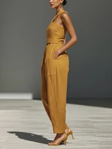 Linen blend cross halter loose women's jumpsuit detail view, stylish casual summer wear.