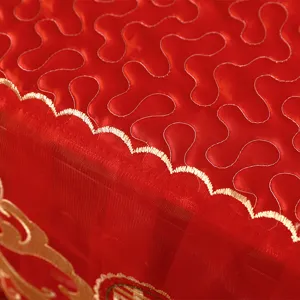Rote Spitze Waschmaschinenabdeckung Detail, exquisite gesteppte Textur und Goldstickerei.