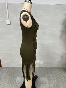 Detailed side view of a Western-style olive green slim fit mini dress with fringe trim