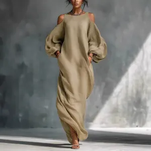 2026 summer fashion women khaki cold shoulder long sleeve maxi dress elegant casual wear