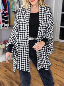 Women autumn winter black white houndstooth knit cape shawl oversized split poncho sweater