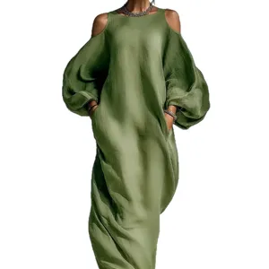 Stylish women's long sleeve cold shoulder maxi dress with pockets, elegant olive green casual wear.