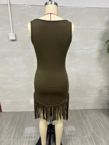 Back view of a Western style olive green slim fit tank dress with fringe tassel hemline