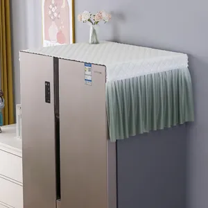 Refrigerator dust cover quilted top with gradient green pleated skirt for double door fridge home decor