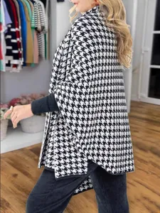 Women's autumn winter houndstooth knit cape oversized split poncho shawl warm wrap top