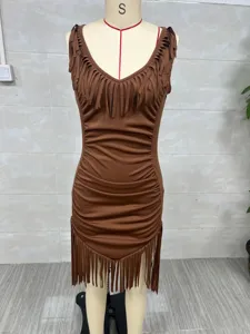 Brown Western-style sleeveless ruched dress with fringe V-neck and hem detail.