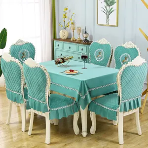 European style dining table cloth and chair cover set, teal quilted decor with deer.