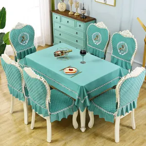 European style dining table cloth and chair cover set with elegant lace and deer embroidery.