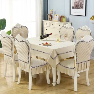 European style dining chair covers and tablecloth set quilted beige fabric with delicate embroidery.