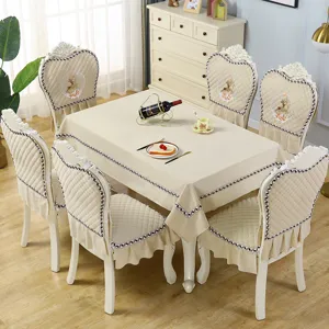 European style dining table cloth and chair cover set, beige quilted fabric with deer design.