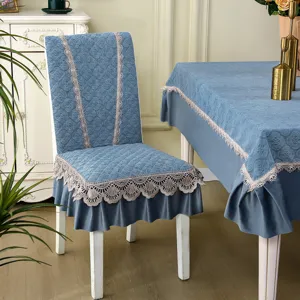 Quilted Dining Chair Cover And Tablecloth Set Lace Trim Anti-Slip Chair Protector Home Kitchen Decor