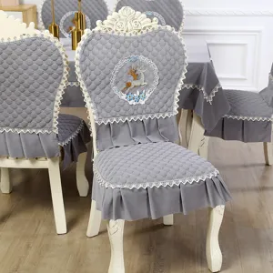 European style dining chair cover set, quilted fabric with lace and deer embroidery.