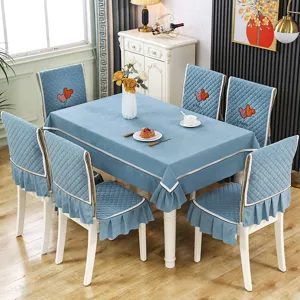 Elastic dining table cloth and chair cover set with ruffled hem and cute ear embroidery.