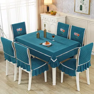 Velvet tablecloth and chair cover set with tulip embroidery and ruffled hem for dining.