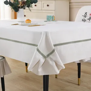 Elegant table cloth with stylish green stripe design, durable home dining room decor fabric.