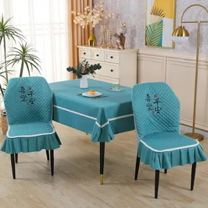 Elastic dining chair cover set with pleated skirt, turquoise home textile cushion for curved chairs.