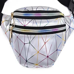 Detailed view of metallic silver laser geometric fanny pack with multi-layer zippers