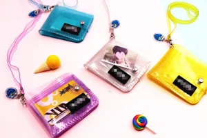 Colorful transparent PVC glitter card holder with lanyard and strawberry charm