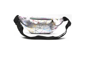 Detailed view of holographic geometric pattern on a metallic silver fanny pack.