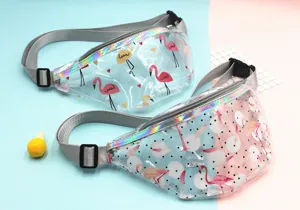 Detailed view of transparent PVC waist bags featuring colorful flamingo and polka dot prints.