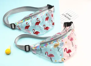 Detailed macro view of transparent PVC waist bags featuring pink flamingo patterns.