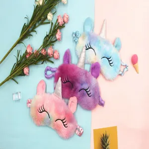Colorful plush unicorn sleep eye masks with soft fur and embroidered lashes for girls