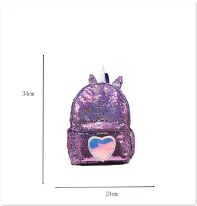 Detail view showing 34cm height and 24cm width of the purple sequin unicorn backpack.