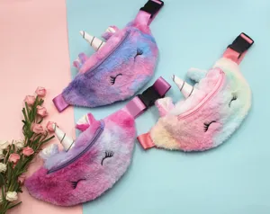 Süße Einhorn-Gürteltaschen aus Plüsch für Kinder in Regenbogenfarben mit 3D-Hörnern