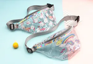 Macro view showing transparent PVC fanny packs with colorful cartoon patterns and laser trim
