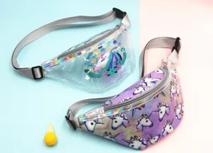 Detailed view of clear and purple unicorn PVC waist bags with iridescent trim