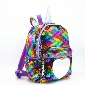Rainbow sequin unicorn backpack for girls with sparkling horn and heart patch