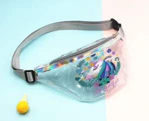 Transparent PVC waist bag for girls featuring a cute unicorn print and holographic trim