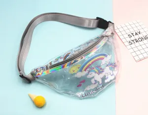 Detailed view of clear PVC unicorn fanny pack with colorful rainbow print and strap